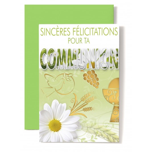 Carte Double Communion Colombe, coupe, raisin, &eacute;pis dor&eacute;