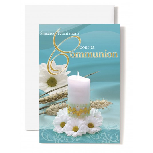 Carte Double Communion Bougie dans couronne de marguerites