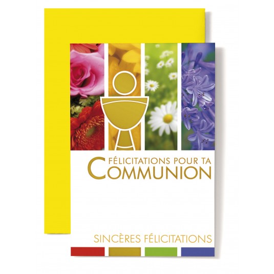 Carte Double Communion Coupe dor&eacute;e sur frise de fleurs