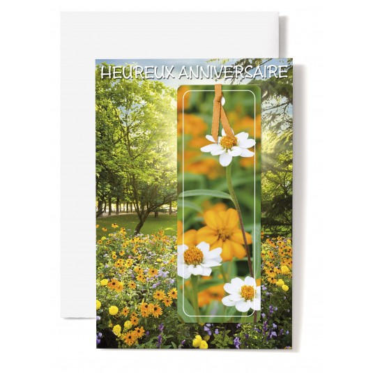 Carte Double Anniversaire Champ fleuri &agrave; l'or&eacute;e d'une for&ecirc;t + signet