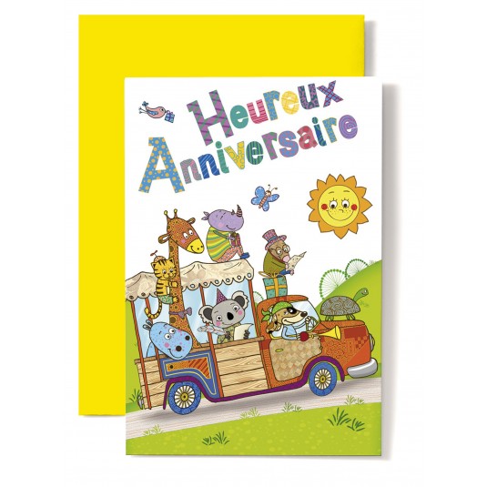 Carte Double Anniversaire Animaux dans camion
