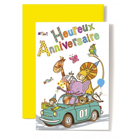 Carte Double Anniversaire Animaux dans voiture 01