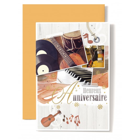 Carte Double Anniversaire Guitares, piano