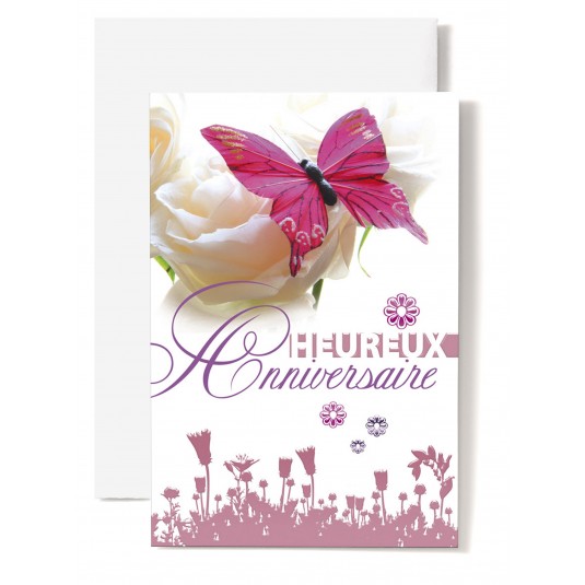 Carte Double Anniversaire Papillon rose sur rose blanche