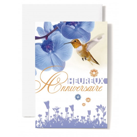 Carte Double Anniversaire Colibri, orchid&eacute;e bleue