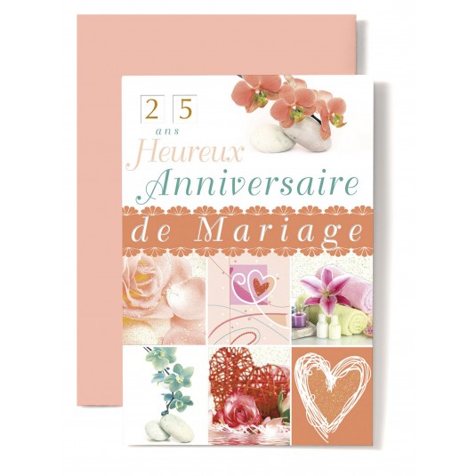Carte Double Anniversaire De Mariage Roses, coeurs, orchid&eacute;es ton orang&eacute;e