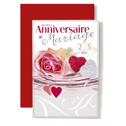 Carte Double Anniversaire De Mariage Roses rose, coeurs rouge et argent&eacute;