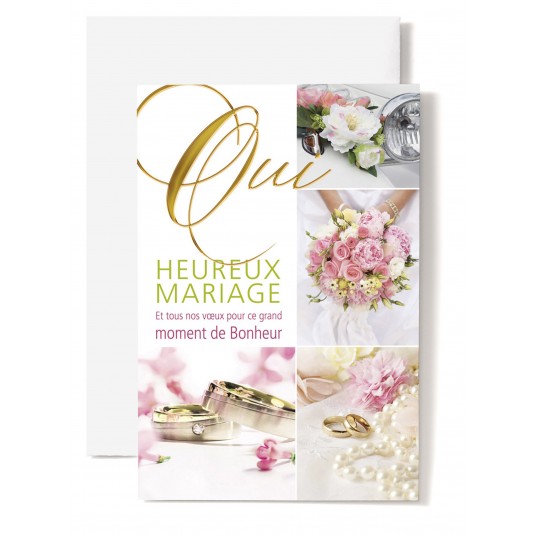 Carte Double Mariage OUI, Alliances, bouquet ds mains