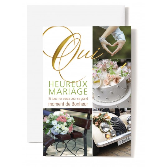 Carte Double Mariage OUI, bouquet sur banc, gateau