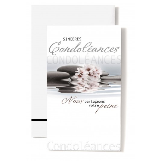 Carte Double Condol&eacute;ances Fleurs rose, galets