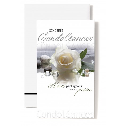 Carte Double Condol&eacute;ances Rose blanche, pierres, perles