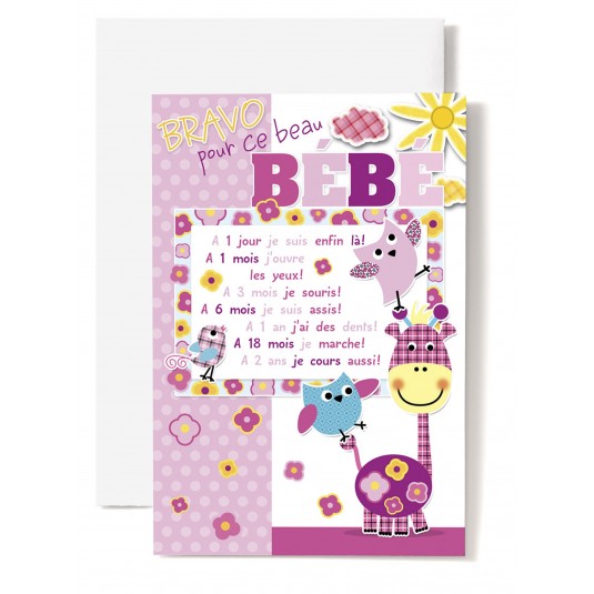 Carte Double Naissance Girafe, oiseaux, fond rose