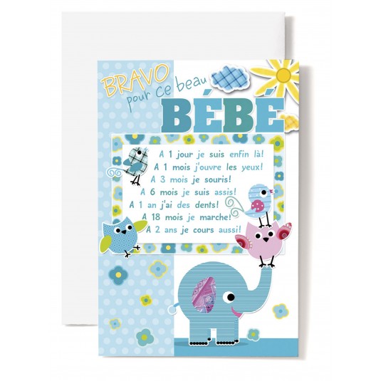 Carte Double Naissance El&eacute;phant, oiseaux, fond bleu