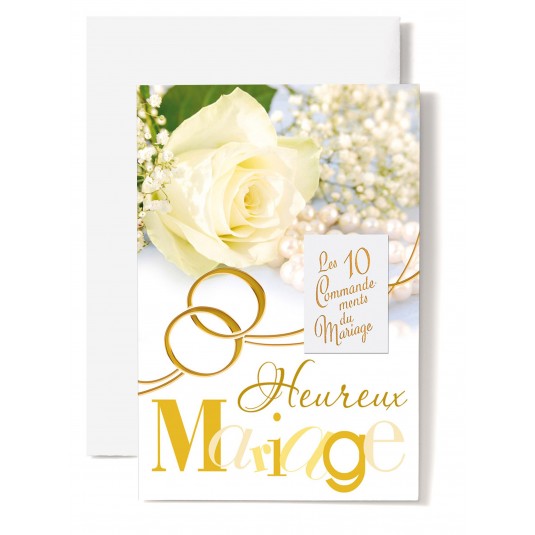 Carte Double Mariage Dix commandements, rose blanche et perles