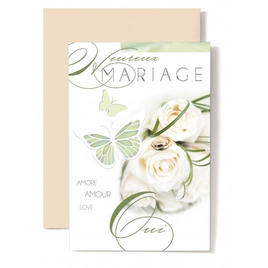 Carte Double Mariage OUI, bouquet de roses blanche et papillon