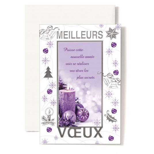 CARTE DOUBLE Meilleurs Vœux Bougie et boules mauves