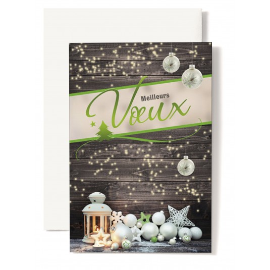 CARTE DOUBLE Meilleurs V&oelig;ux Lanterne, boules devant planches