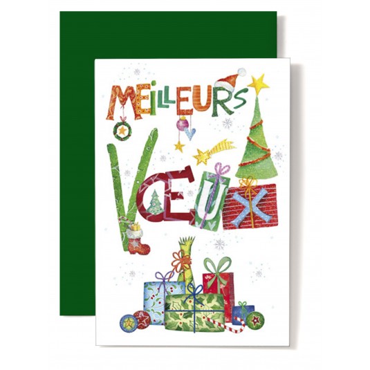 CARTE DOUBLE Meilleurs V&oelig;ux Cadeaux, sapins, tons vert