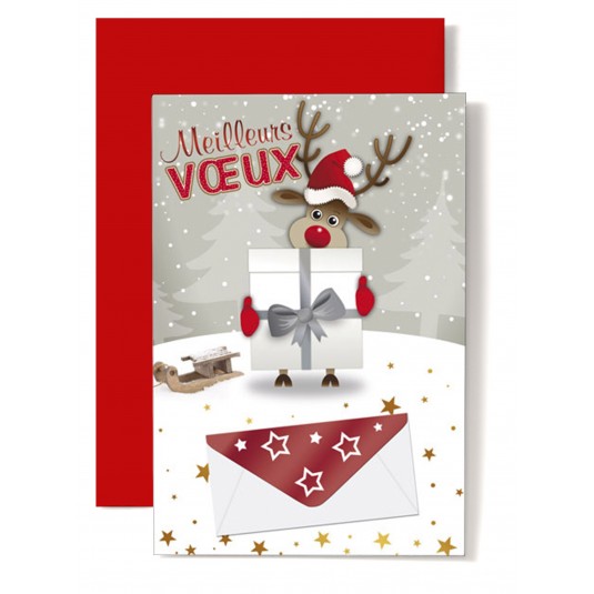 CARTE DOUBLE Meilleurs V&oelig;ux Renne portant un cadeau