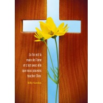 CARTE PENSEE : Croix découpée dans du bois et fleurs jaunes