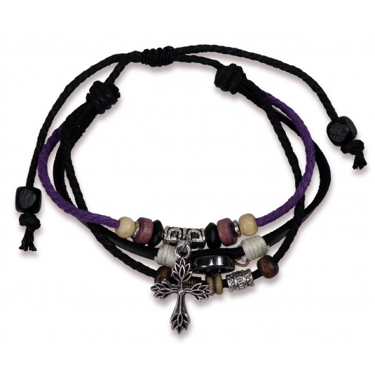 Bracelet cuir avec perles et pendentif croix argent