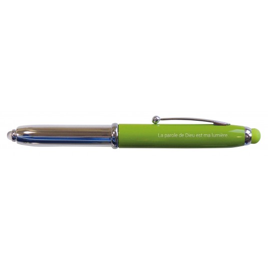 Stylo Emmaüs vert avec LED et embout tactile, étui en carton