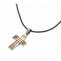 Pendentif croix 3 bandes argent et or, cordon cuir 50cm et pochette organza