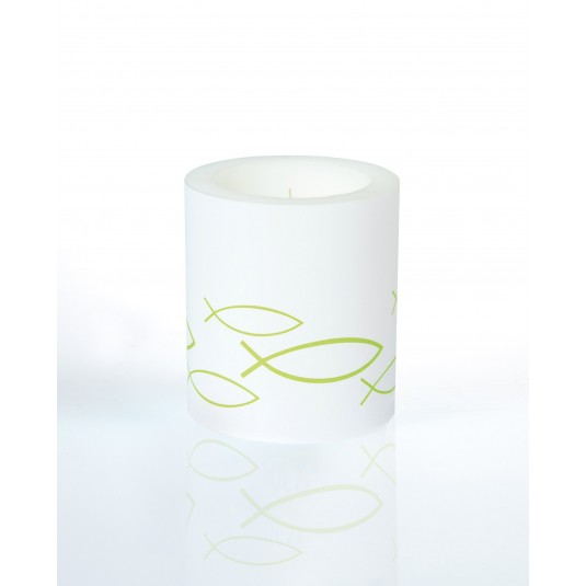 Bougeoir blanc ichtus vert d8.5cm h10cm