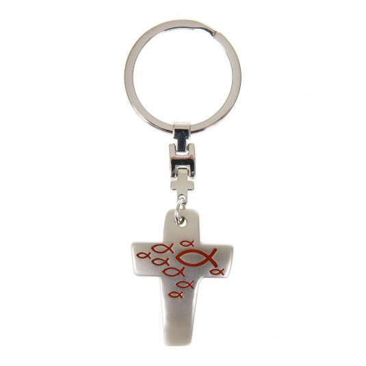 Porte-clé croix Ichtus rouge-gris en métal poli 9, 5cm