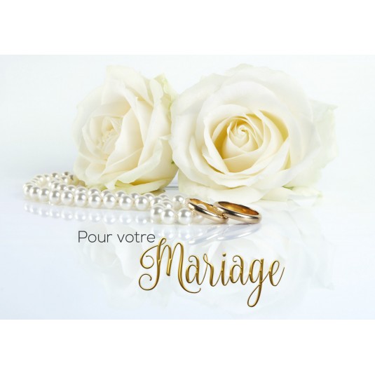 Carte Double Mariage Roses blanches et collier de perles