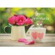 CARTE FLASH : Roses roses dans une théière et tasse avec des coeurs(JA)