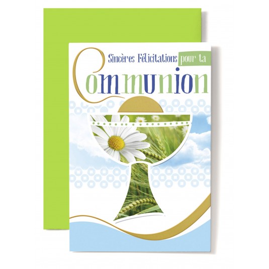 Carte Double Communion Coupe avec margueritte, fond nuage