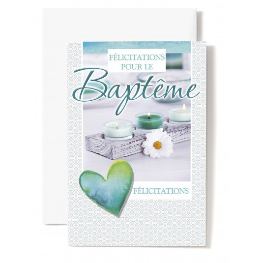 Carte Double Bapt&ecirc;me Coeur vert et bleu, bougies, marguerite