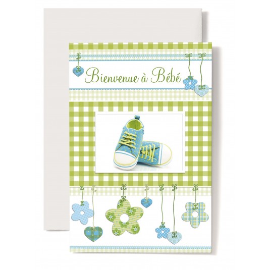 Carte Double Naissance Baskets bleues et blanches, cadre vichy vert