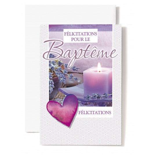 Carte Double Baptême Coeur violet, bougie, lavandes