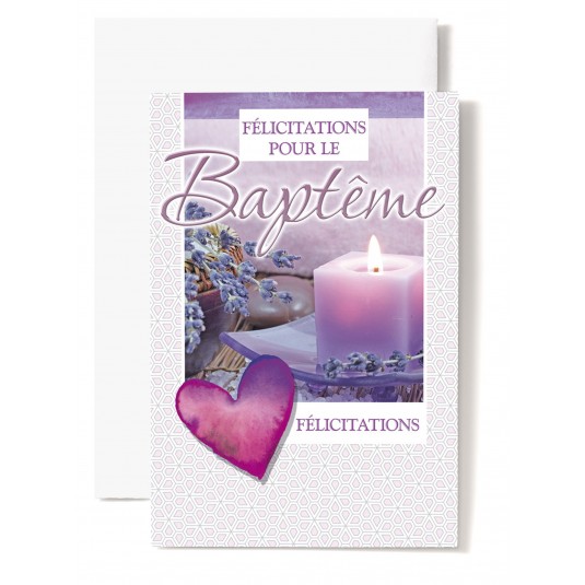 Carte Double Bapt&ecirc;me Coeur violet, bougie, lavandes