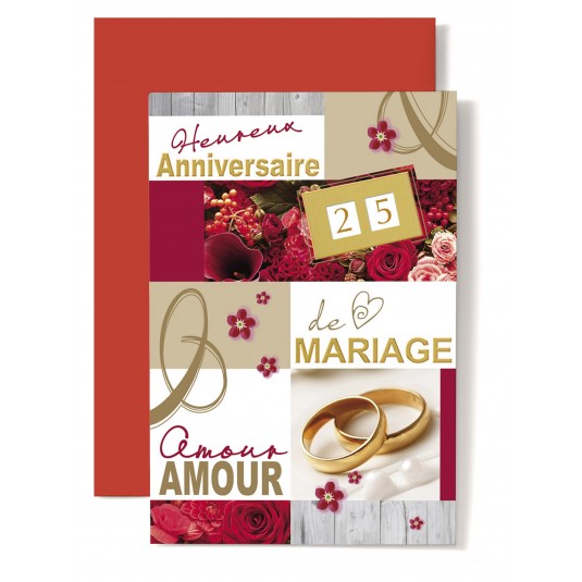 Carte Double Anniversaire De Mariage Alliance perle de culture, roses rouges