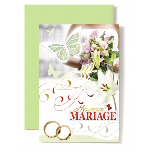 Carte Double Mariage Papillon vert et blanc, fleurs de lys