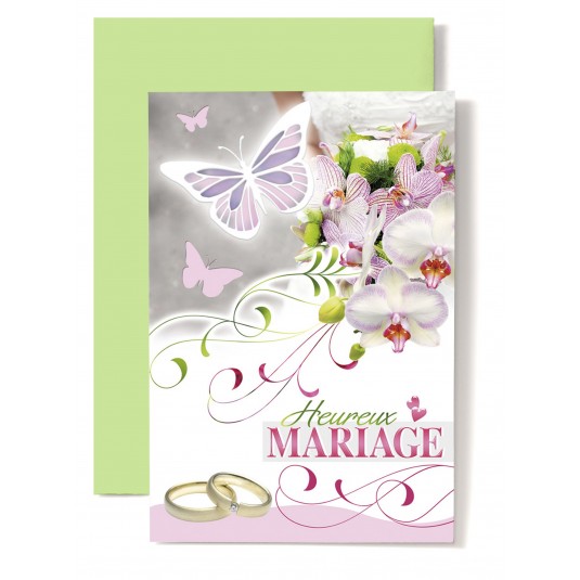 Carte Double Mariage Papillon rose et blanc, orchid&eacute;es