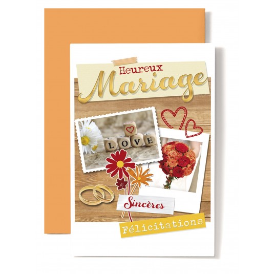 Carte Double Mariage D&eacute;s love, bouquet rouge et orange