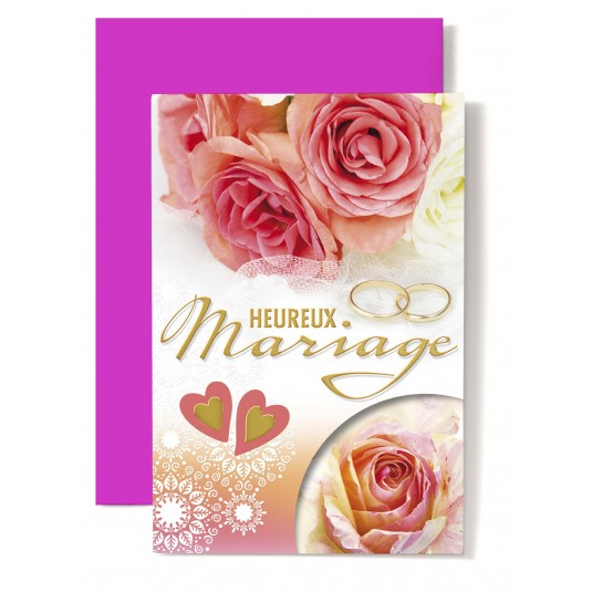 Carte Double Mariage Alliances, roses orang&eacute;es