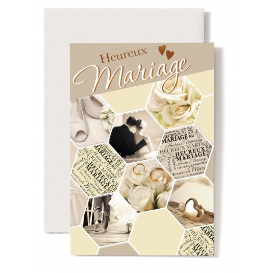 Carte Double Mariage Alliances, coeur dor&eacute;, couple pied nu