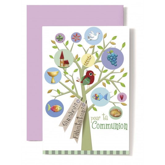 Carte Double Communion Arbre, &eacute;glise, coupe, poisson, pain...