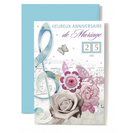Carte Double Anniversaire De Mariage Clé de sol bleue, papillon rose, roses