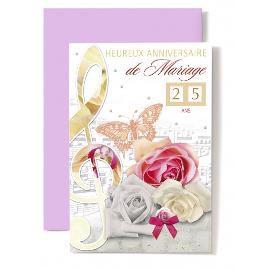 Carte Double Anniversaire De Mariage Cl&eacute; de sol, papillon orang&eacute;, roses
