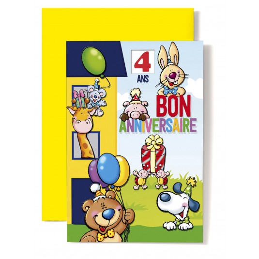 Carte Double Anniversaire Maison bleue et jaune, souris, girafe...