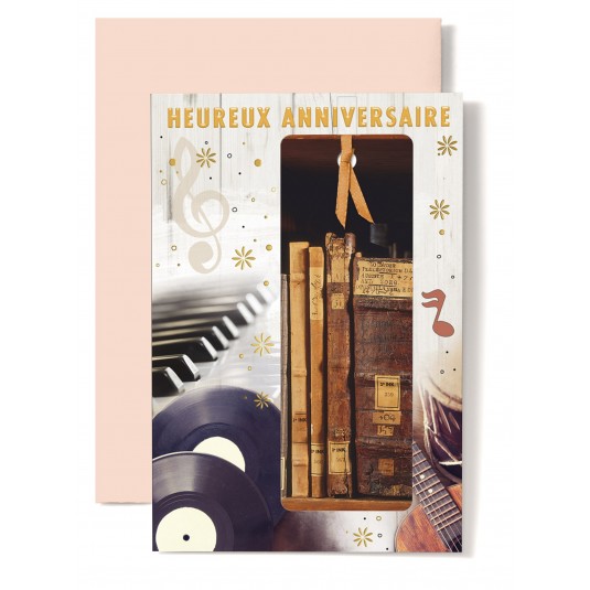 Carte Double Anniversaire Piano, disque, guitare et livre ancien