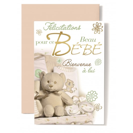 Carte Double Naissance Ourson, chausson &eacute;criture verte