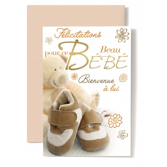 Carte Double Naissance Chausson beige et marron, &eacute;criture orange