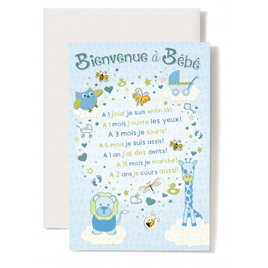 Carte Double Naissance A 1 jour, &agrave; 1 mois fond bleu